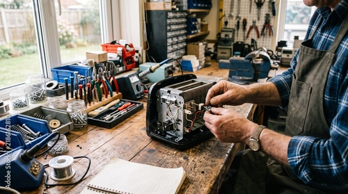 Close-up of technician hands repairing broken toaster on cluttered workbench in home workshop