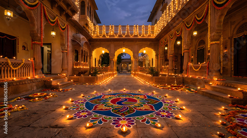 Traditional Indian courtyard decorated with rangoli and oil lamps.