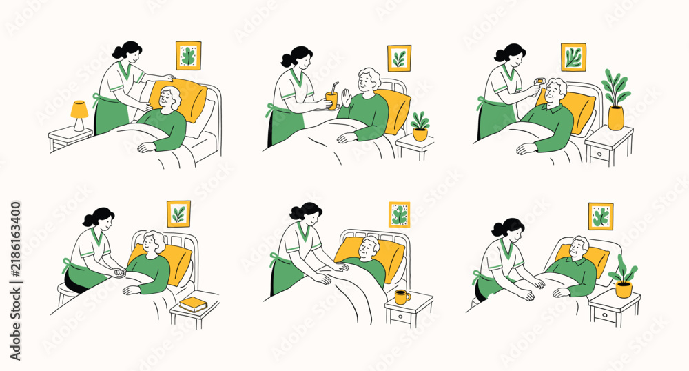 Fototapeta premium Social worker, nurse or doctor with elderly people, old man and woman illustration set. Bedridden patient assistance, support, volunteer help, rehabilitation, care. Simple doodle line contour style.