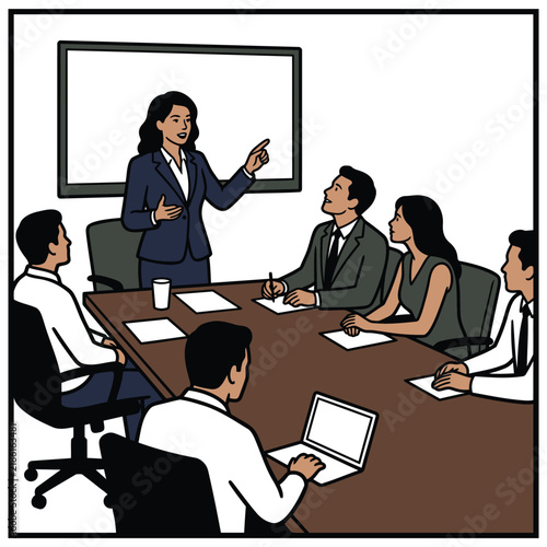 Business Meeting Illustration with a Presenter and Colleagues Around a Conference Table