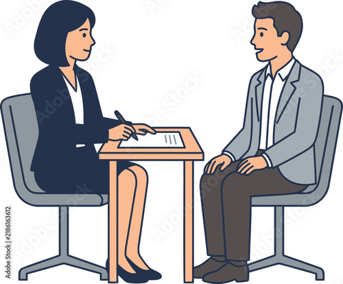 Business Meeting Illustration with a Woman Signing a Document at a Table