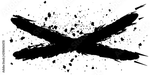 A bold black 'X' symbol, rendered with a distressed, grunge aesthetic, featuring ink splatters and a rough brushstroke texture, evoking a sense of cancellation or negation.