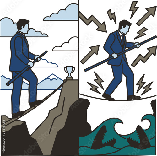Businessman Navigating Challenges with a Balancing Pole. a Visual Metaphor for Overcoming Obstacles
