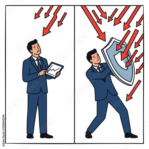 Businessman Protected From Falling Arrows with a Shield. Business Protection Concept Illustration