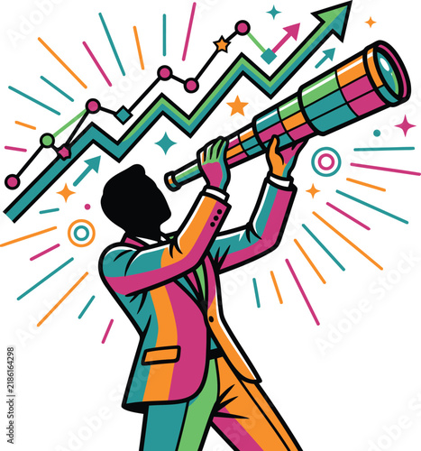 Businessman Viewing Upward Trending Graphs with a Telescope