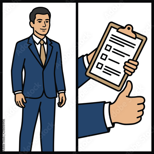 Businessman with Clipboard and Thumbs Up Vector Illustration