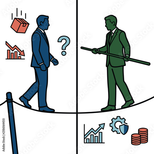 Businessmen Balancing on a Tightrope, Illustrating Risk and Reward Concepts. Vector Graphic Design