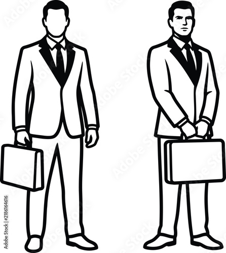 Businessmen Vector Illustration Pair with Briefcases. Professional Men Standing Pose Design