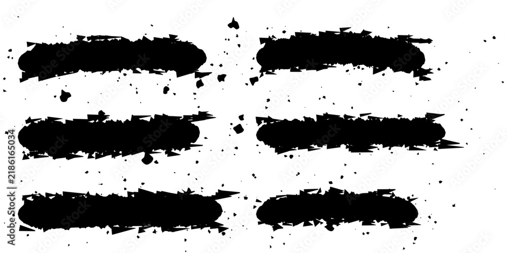 Fototapeta premium Six black oval shapes with paint splatter are arranged in a grid on a white background.