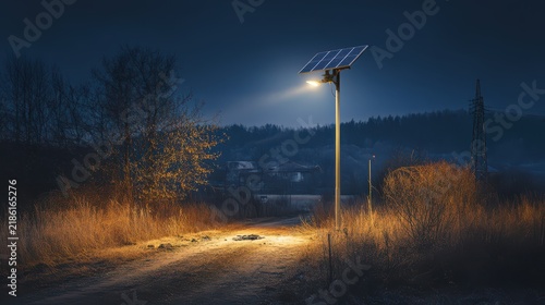 Damaged solar powered streetlight illuminating rural evening path