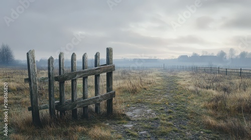 Old wooden gate standing open in misty rural field