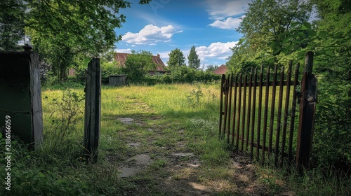 Old wooden fence leading through overgrown grassy field under blue sky