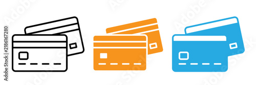 Stacks of credit cards in black outline orange and blue flat vector illustration