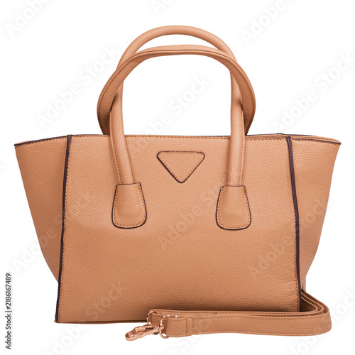 Beige leather women tote bag with shoulder strap isolated on white background