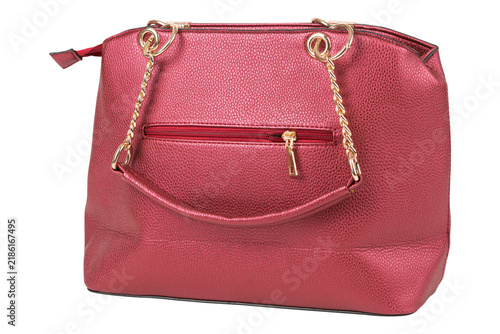Metallic red leather women handbag with gold chain straps isolated on white background