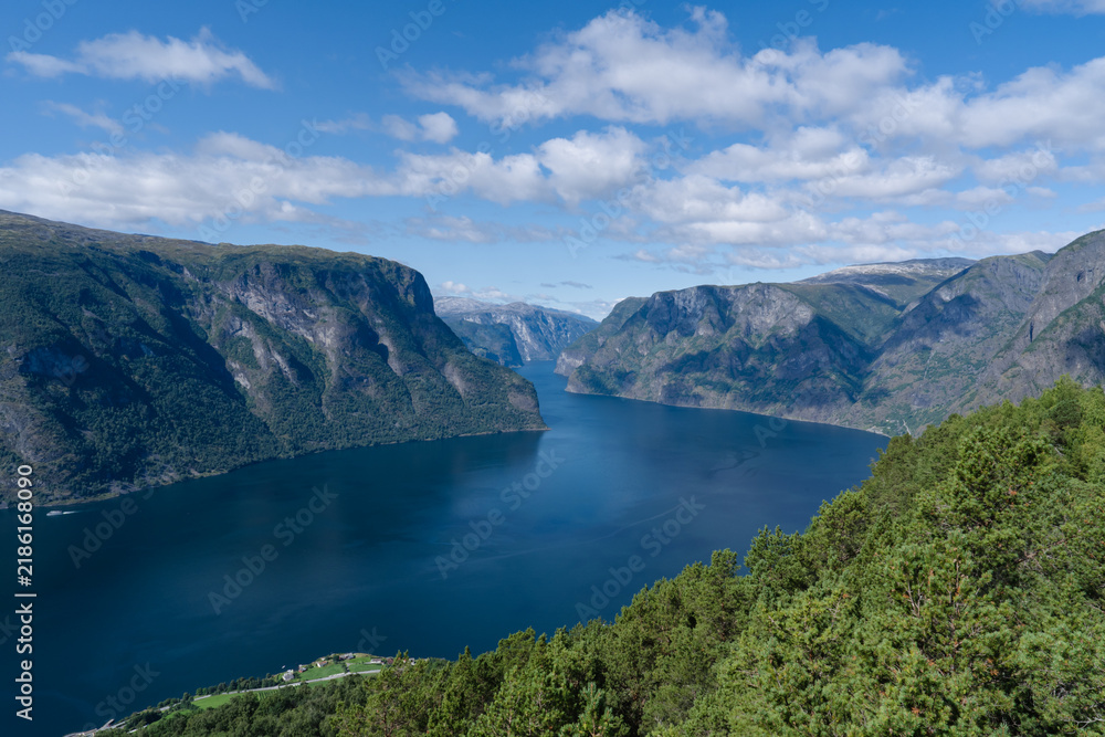 Fototapeta premium Panoramic view of a dramatic Norwegian fjord landscape with deep blue water and green mountains