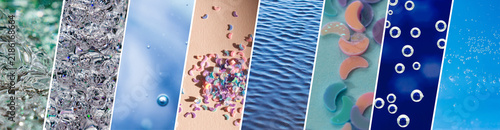 Microplastics in water horizontal diagonal collage background, plastic beads and ocean surface