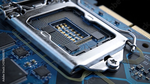 Close-up of cpu chip on motherboard
