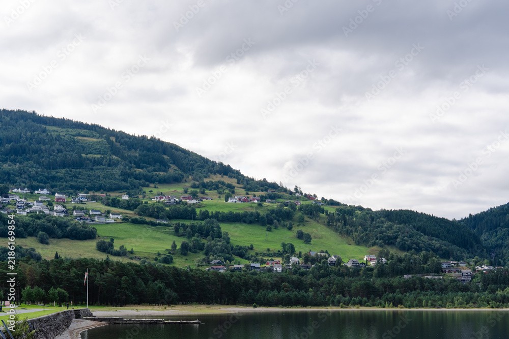 Fototapeta premium Norwegian village houses on a green hillside overlooking a calm lake under cloudy sky
