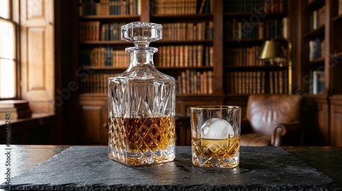Whiskey Decanter and Glass with Ice Ball in Library Setting