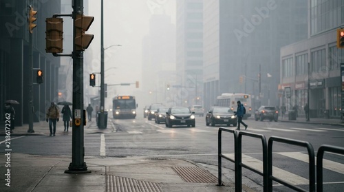 Busy urban intersection with traffic and pedestrians in hazy city weather