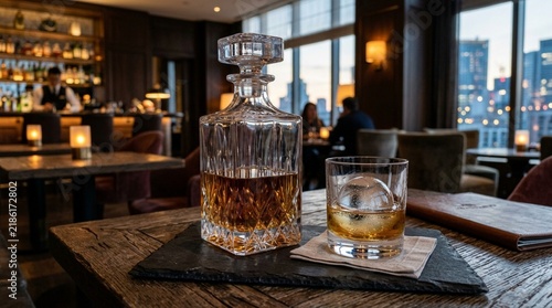 Whiskey decanter and glass with ice ball on wooden table in upscale bar with city view