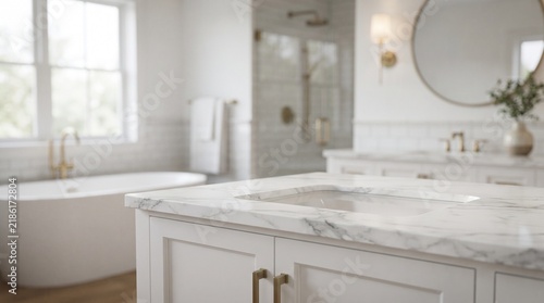 Modern Luxury Bathroom Interior with White Marble Countertop and Blurred Background - Spa-like Vanity with Gold Fixtures and Round Mirror