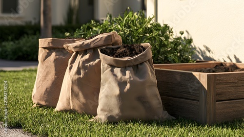 Garden waste bags filled with soil beside raised garden bed on green lawn.