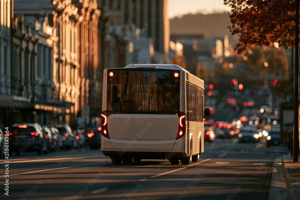 Obraz premium Rear view of white public bus driving down urban street at sunset