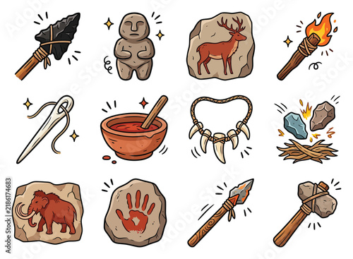 Stone Age artifacts including tools cave art and ancient jewelry while depicting primitive life