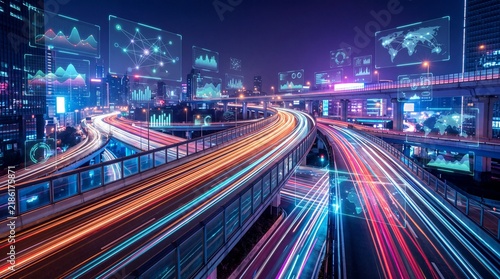 Futuristic Cityscape with Glowing Light Trails of Traffic on Highways at Night, Illustrating Digital Connectivity and Smart City Concepts