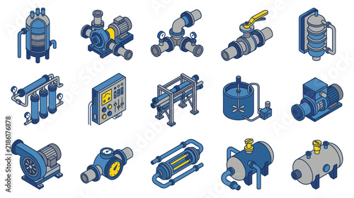 Creative Isometric of Industrial Plumbing and Mechanical Equipment Set in Blue and Gray Tones with high quality professional line art symbols for modern creative design and digital branding projects