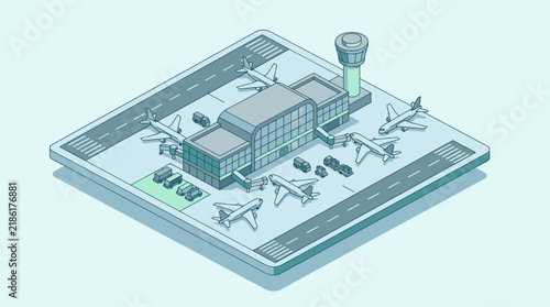 Creative Isometric of Modern Airport with Airplanes Runway and Cargo on Digital Tablet Screen with high quality professional line art symbols for modern creative design and digital branding projects