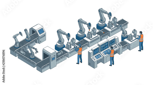 Creative Isometric of Modern Automated Industrial Assembly Line with Robots and Human Operators in Blue Gray and Orange