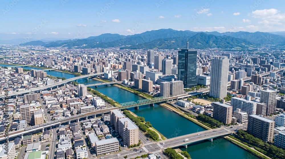 Fototapeta premium Aerial perspective of a sprawling modern cityscape, featuring winding rivers, numerous bridges, and tall buildings, with mountains under a clear blue sky