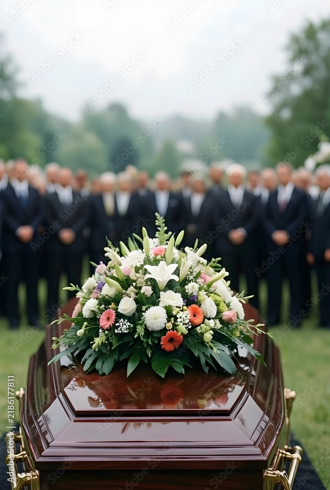 Obraz premium Funeral service and bereavement, mourners standing behind a wooden casket with floral arrangement during a burial ceremony in an outdoor cemetery