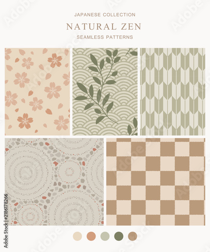A collection of five Japanese-inspired patterns featuring blossoms, botanical motifs, and Zen elements in soft earth tones. Perfect for wallpaper, textiles, packaging, stationery, and home decor.