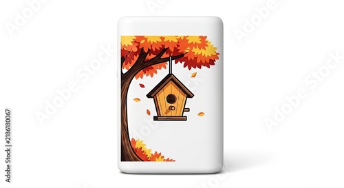 Tapety artystyczne Charming Autumn Birdhouse Hanging from a Colorful Tree with Falling Leaves