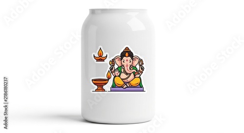 Tapety artystyczne Charming Ganesh Chaturthi Sticker with Diya on White Background