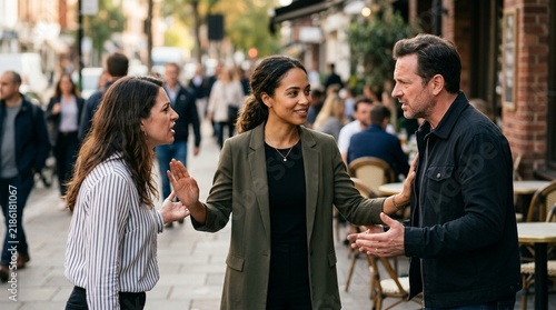 People arguing on city street, woman intervening between couple