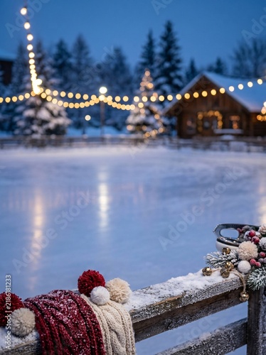 Outdoor ice rink in winter village at dusk with festive lights and wooden railing decoration with border frame and copy space