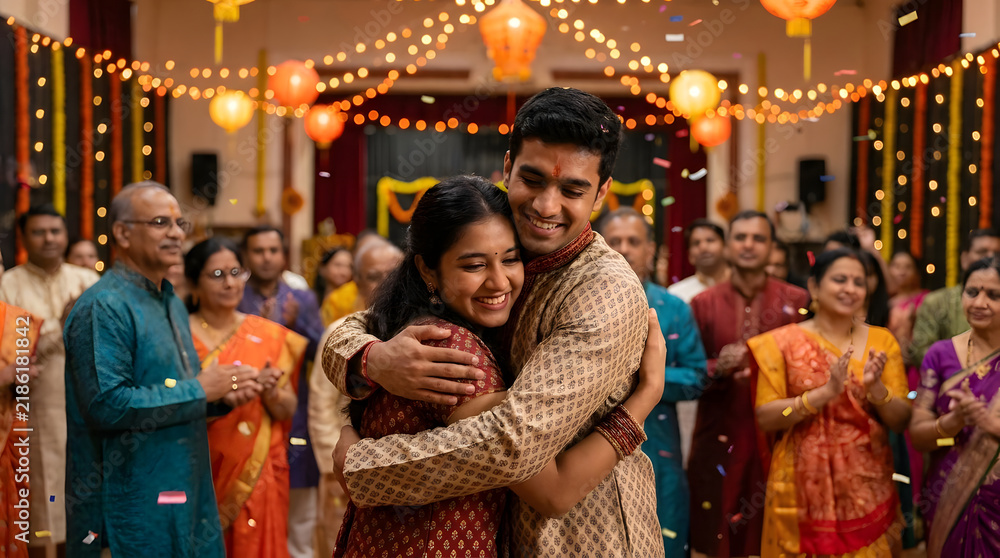 Fototapeta premium Family hugging at traditional Indian wedding reception indoors.