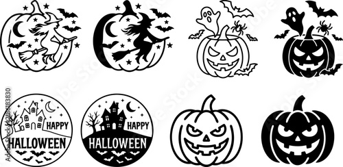 Set of halloween themed black and white silhouettes featuring pumpkins witches ghosts haunted houses, jack o lanter