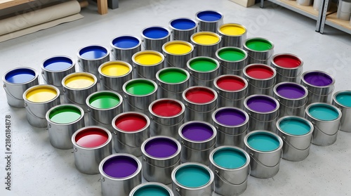 Vibrant Colorful Paint Cans Arranged in Geometric Grid