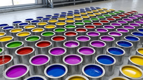 Vibrant Multicolor Paint Cans Arranged in Rows