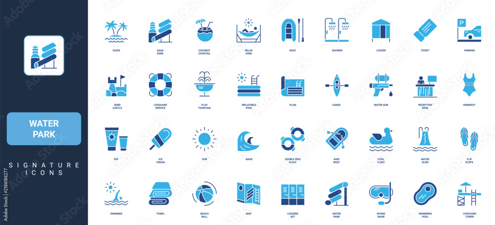 Naklejka premium Water and aqua park pools and playground, ticket to attractions, fountain glyph icon set. Relax zone and sun lounger, inflatable tube and slide solid vector illustration