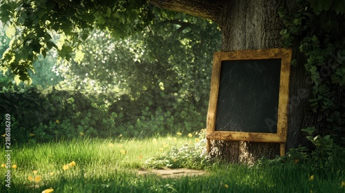 Old chalkboard attached to tree trunk in sunny forest clearing