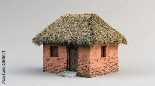 Small mud brick house with thatched roof in plain setting