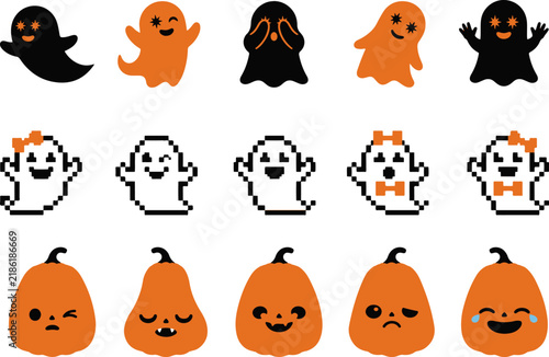 Cute pixel art halloween characters featuring ghosts and pumpkins halloween collection seasonal celebration