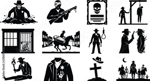Western and horror themed silhouettes featuring sheriffs, graves, gallows, and spooky night scenes on a white background